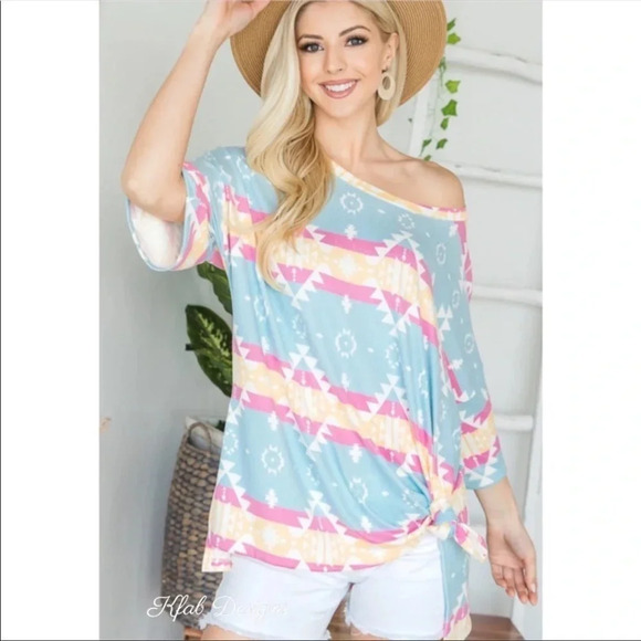 Boho Aztec Print Top | Soft Knit Multicolor Short Sleeve Tee - Picture 2 of 4